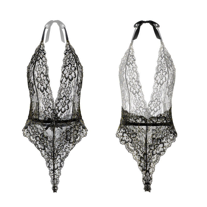 Deep V Sheer Lace Bodysuit with Gold Thread