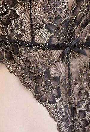 Deep V Sheer Lace Bodysuit with Gold Thread